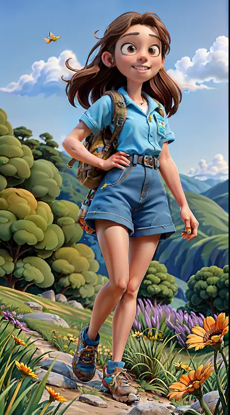 (best quality, masterpiece), a cute girl with a hiking bag on her back, running on a mountain path with tall flowers and meadows...