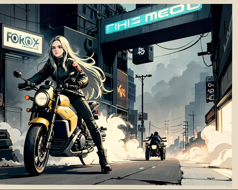 "Poster of long-haired woman on a motorcycle, retrofuturistic style, neon lights, dystopian atmosphere, dynamic framing, ultra-detailed details of the motorcycle and clothing, smoke, high quality."