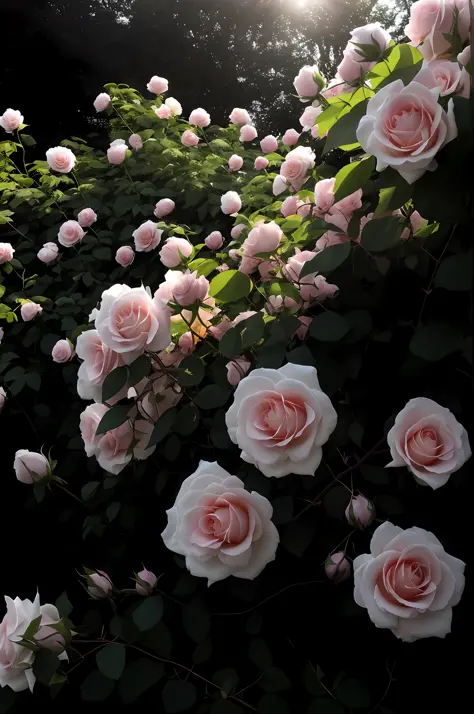 there are many pink and white roses growing on a bush, roses in cinematic light, rose garden, huge blossoms, beautiful flowers growing, rose-brambles, roses, beautiful aesthetic, beautiful large flowers, incredibly beautiful, light pink tonalities, with so...