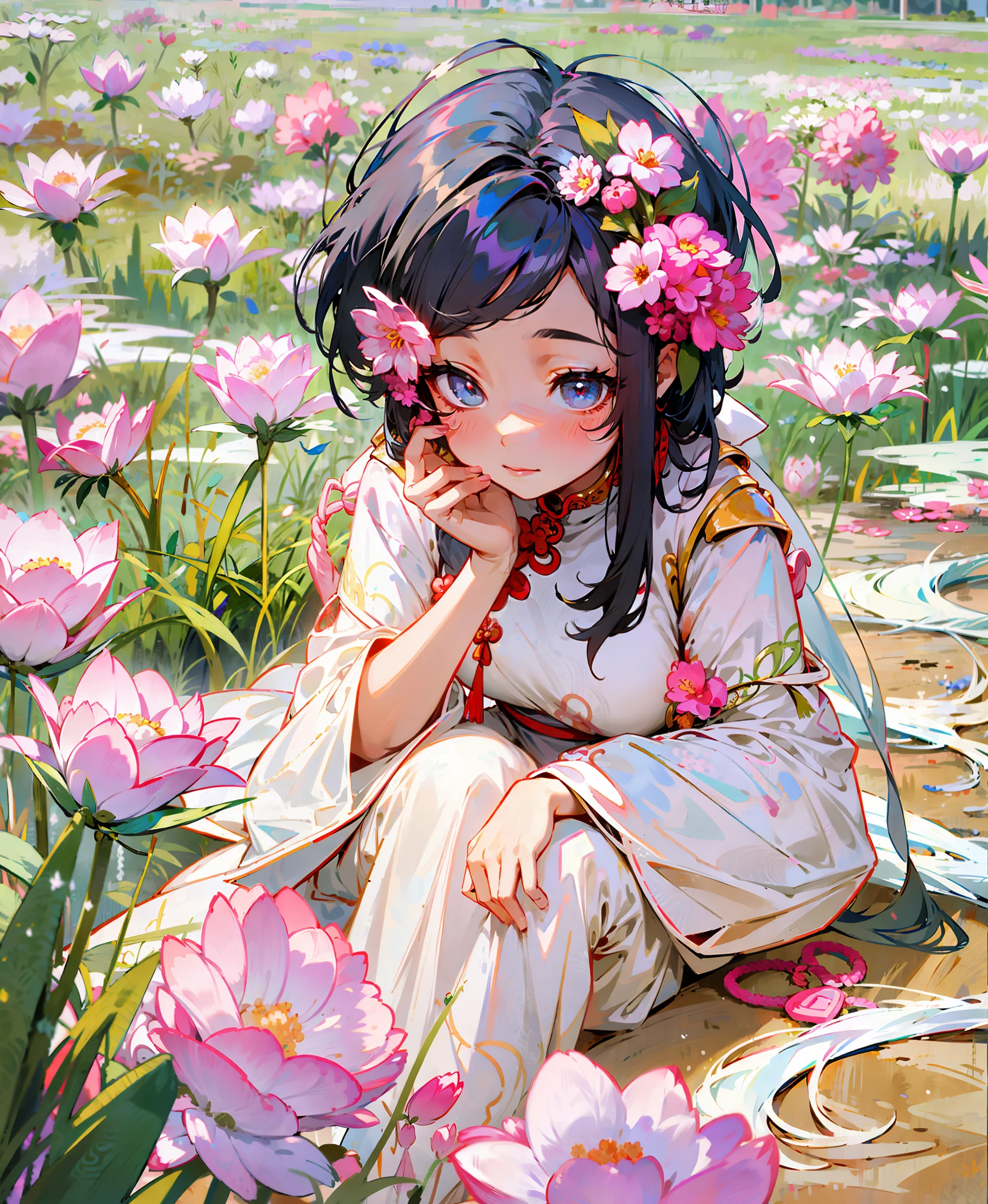 mulher arafada em um vestido rosa sentada em um campo de flores, Palácio ， a girl in Hanfu, white Hanfu, Hanfu, Guweiz, Festival Fantasma Faminto, vestindo roupas chinesas antigas, artwork in the style of Guweiz, com roupas chinesas antigas, Cosplay de garota de anime, roupas tradicionais chinesas, por Leng Mei