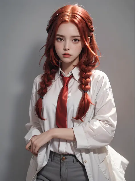 (best quality, masterpiece:1.4), absurdres, ultra-detailed CG, 8k, high detailed, beautiful face, detailed face, 1girl, solo, makima, (red hair:1.5), white shirt, black pants, necktie, braid, toned, shiny skin, (embarassed, blush, parted lips, raised eyebr...