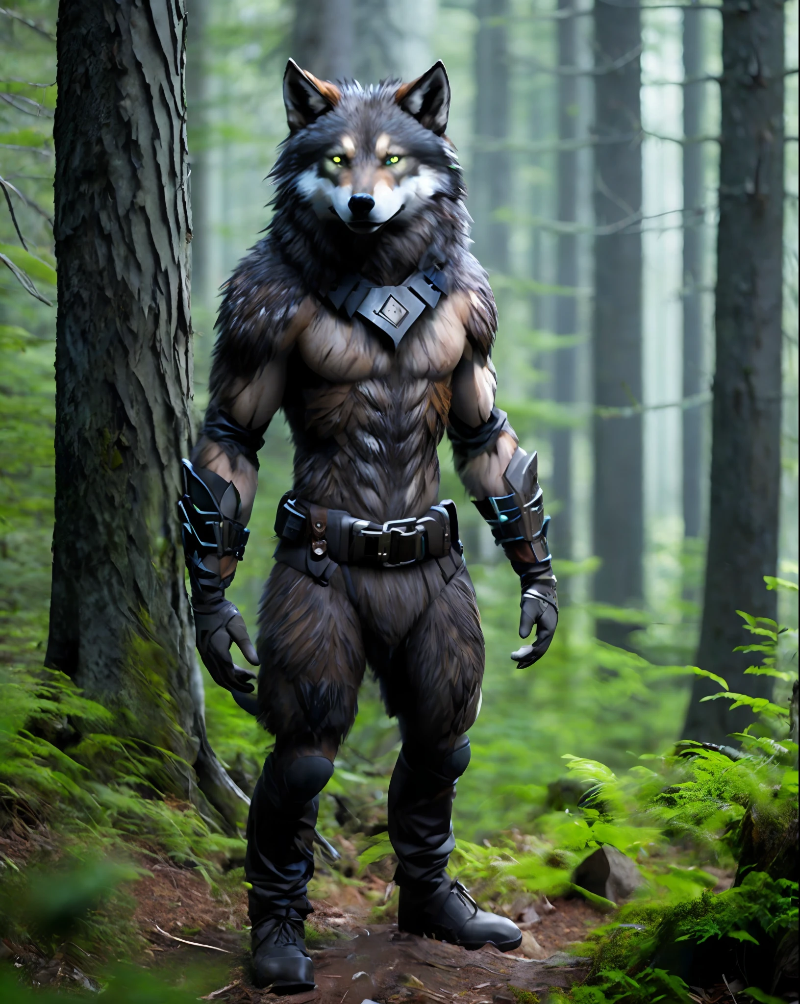 porra_ficção científica_v2, criatura humana, lobisomem lobo, cabeça grande, (olhos verdes), parado em uma floresta, correia de ferramentas, 80mm, f/1.8
