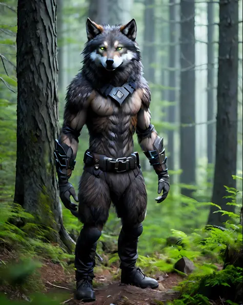 fking_scifi_v2, werecreature, werewolf wolf, large head, (green eyes), standing in a forest, toolbelt, 80mm, f/1.8