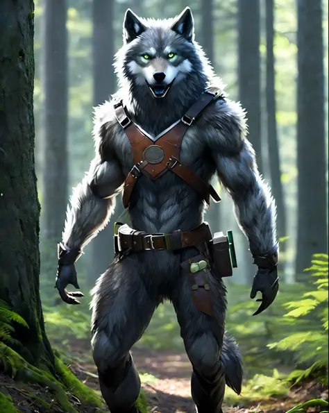 fking_scifi_v2, werecreature, werewolf wolf, large head, (green eyes), standing in a forest, toolbelt, 80mm, f/1.8