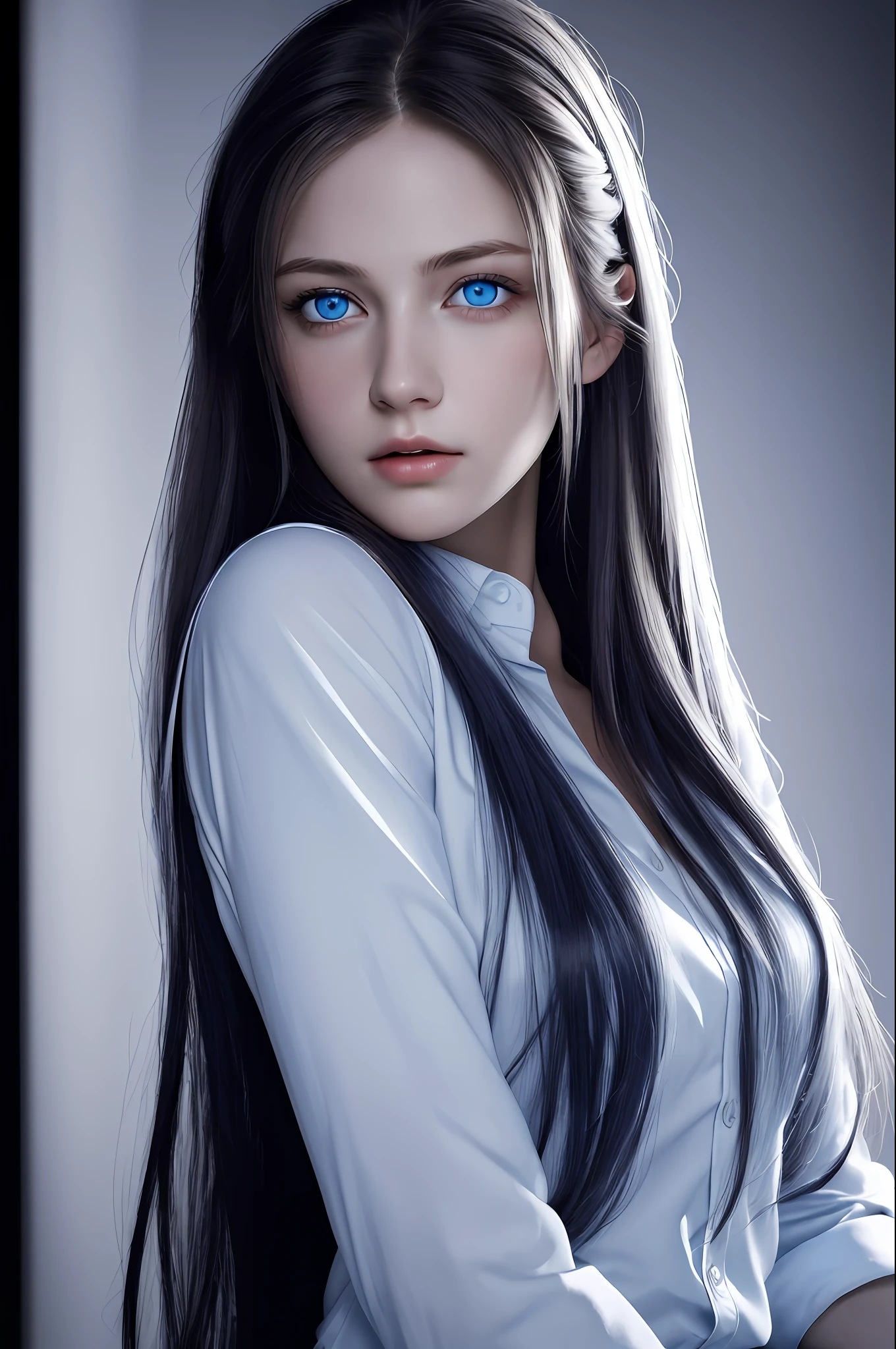 Best quality, masterpiece, ultra high res, (photorealistic:1.37), raw photo, 1girl, long hair, blue eyes,  detailed eyes and face, white shirt, dynamic lighting, in the dark, deep shadow, low key, cowboy shot