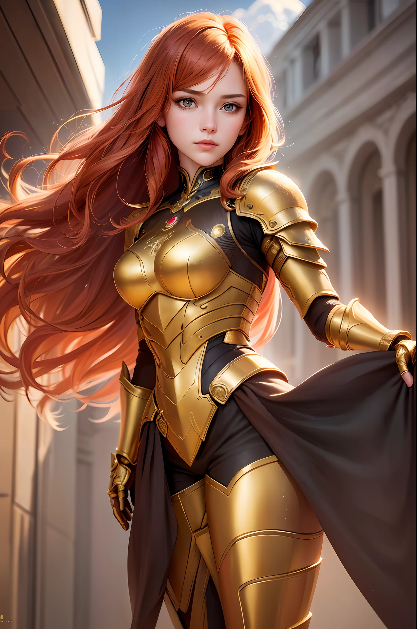 (realistic, portrait: 1.3), intricate detail, painting, (female armor detail: 1.3), (gorgeous golden armor: 1.2), 1girl, solo, long hair, wind, gorgeous face, best quality, masterpiece, max detail, diffuse lighting, (redhead: 1.3), valhalla, robotic arm,