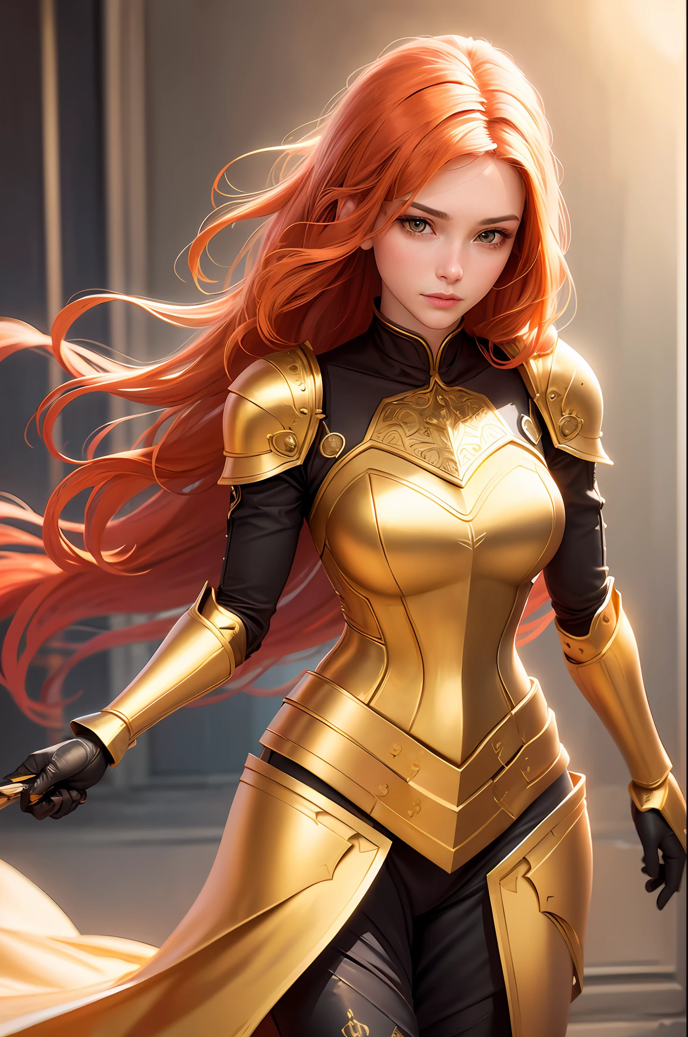 (realistic, portrait: 1.3), intricate detail, painting, (female armor detail: 1.3), (gorgeous golden armor: 1.2), 1girl, solo, long hair, wind, gorgeous face, best quality, masterpiece, max detail, diffuse lighting, (redhead: 1.3), valhalla, robotic arm,