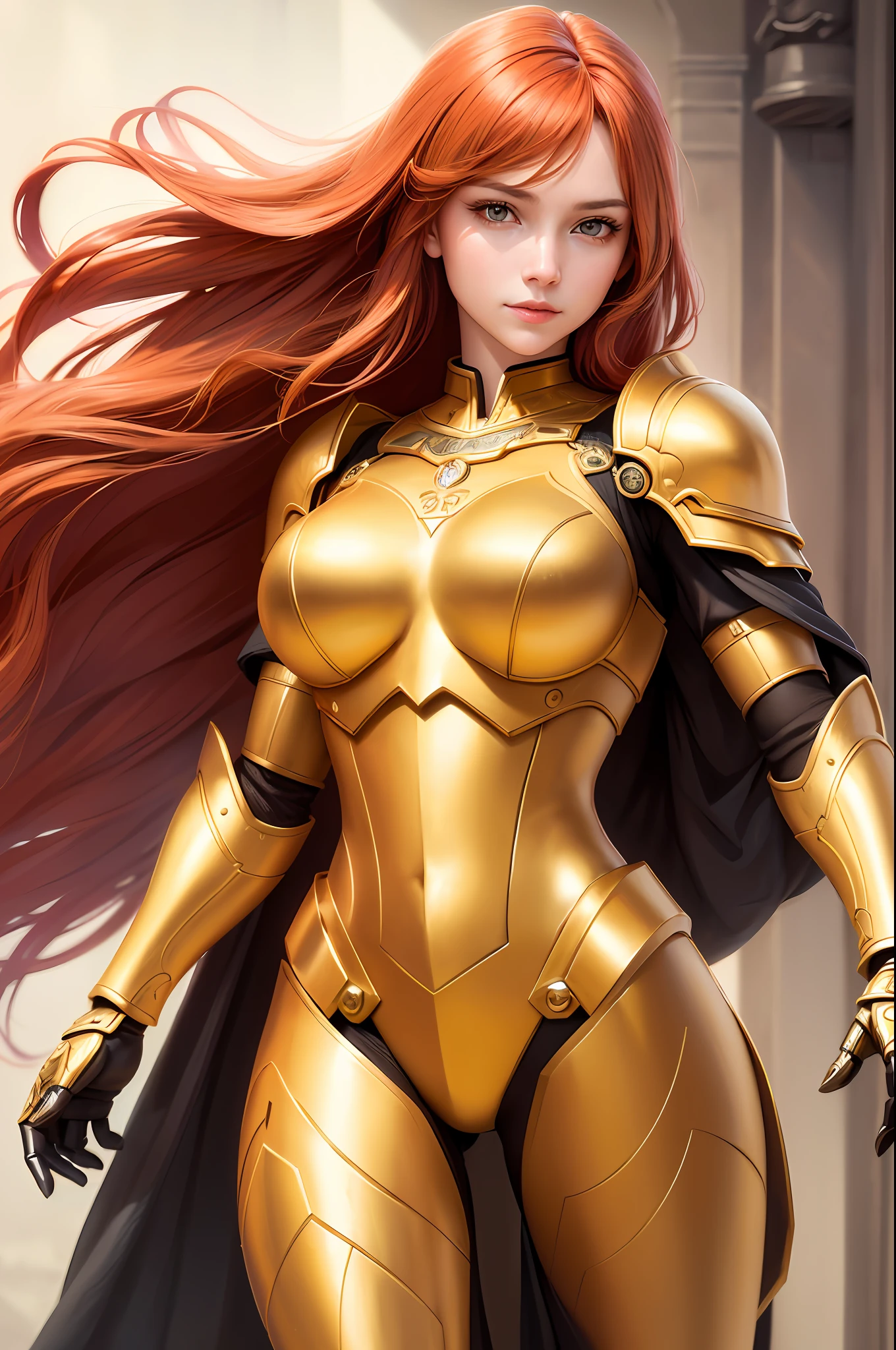 (realistic, portrait: 1.3), intricate detail, painting, (female armor detail: 1.3), (gorgeous golden armor: 1.2), 1girl, solo, long hair, wind, gorgeous face, best quality, masterpiece, max detail, diffuse lighting, (redhead: 1.3), valhalla, robotic arm,