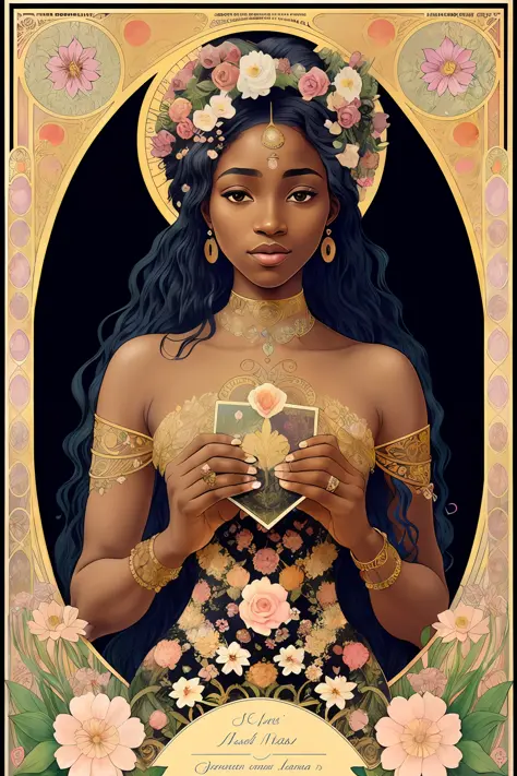 a full body portrait of a gorgeous black woman with flowers on her hair, tarot card, variscite, alphonse mucha, gustav klimt, an...