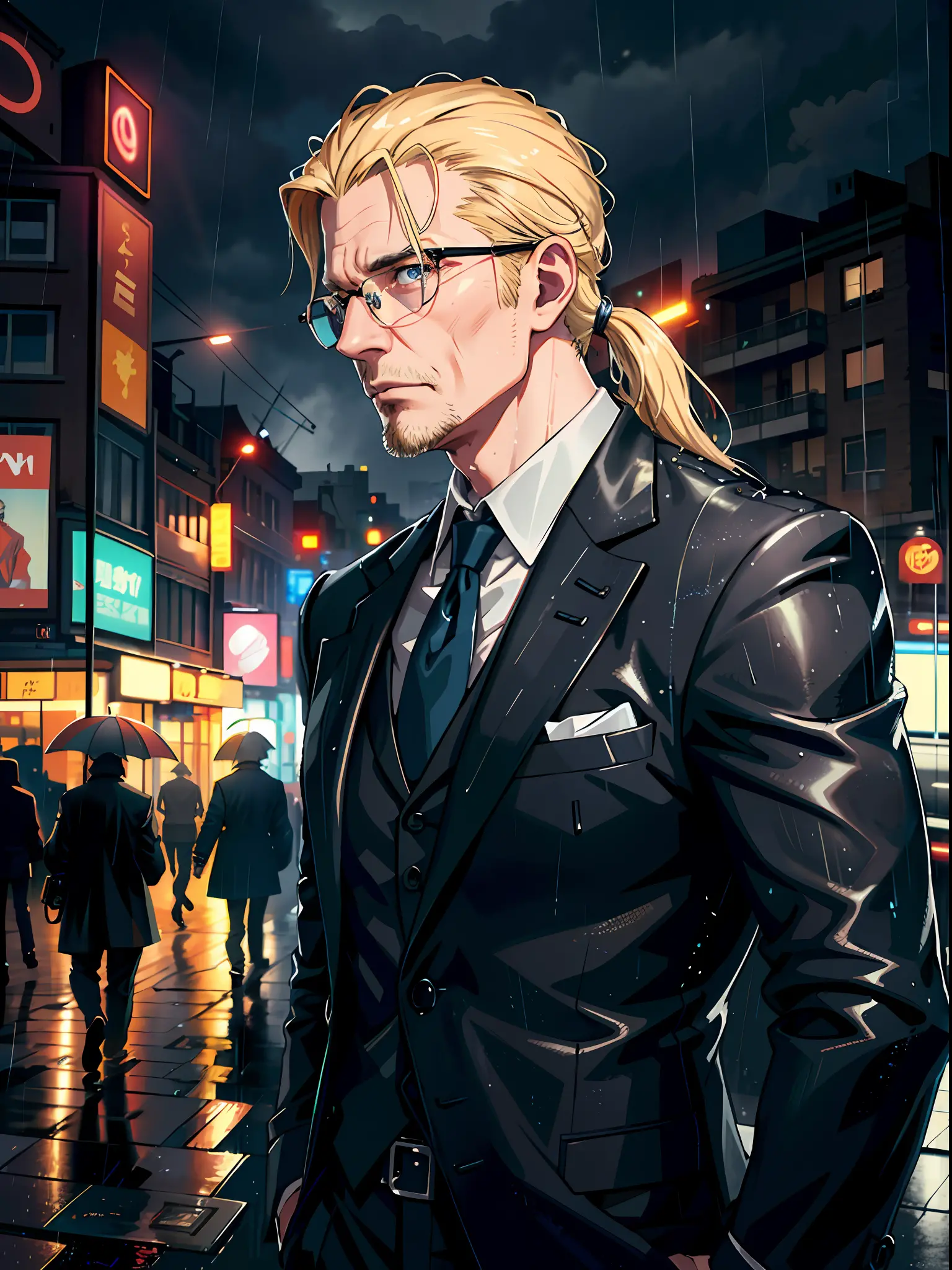 man,vanhohenheim, blond middle-aged man,black suit,glasses, (with a ponytail:0.8),best quality, masterpiece, ultra high res, (ph...