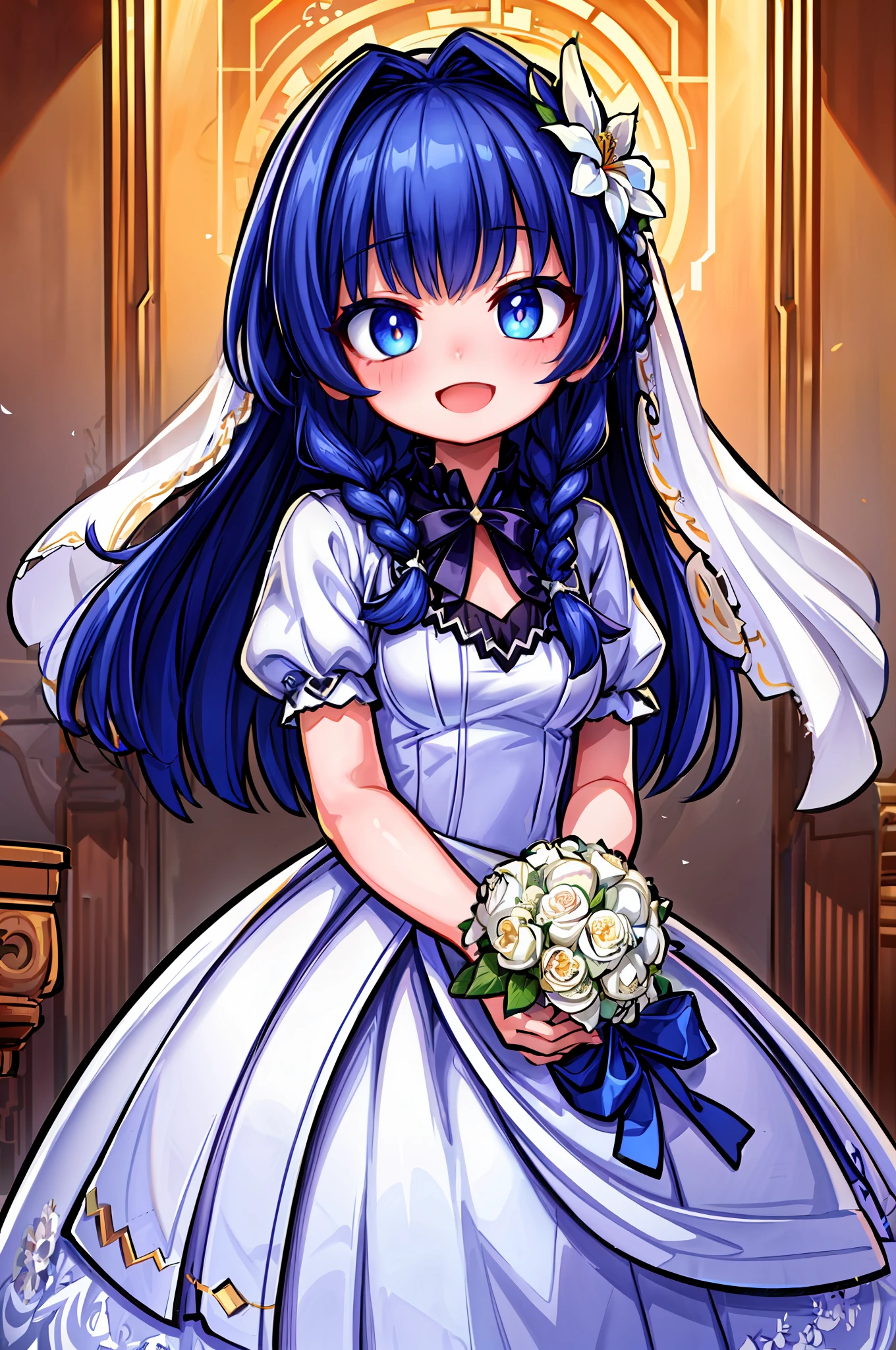 masterpiece, best quality, (highly detailed CG unity 8k wallpaper), (best quality), (best illustration), (best shadow), big braid, white and indigo hair, :D, wedding dress, wedding bouquet in hand, flower garden,