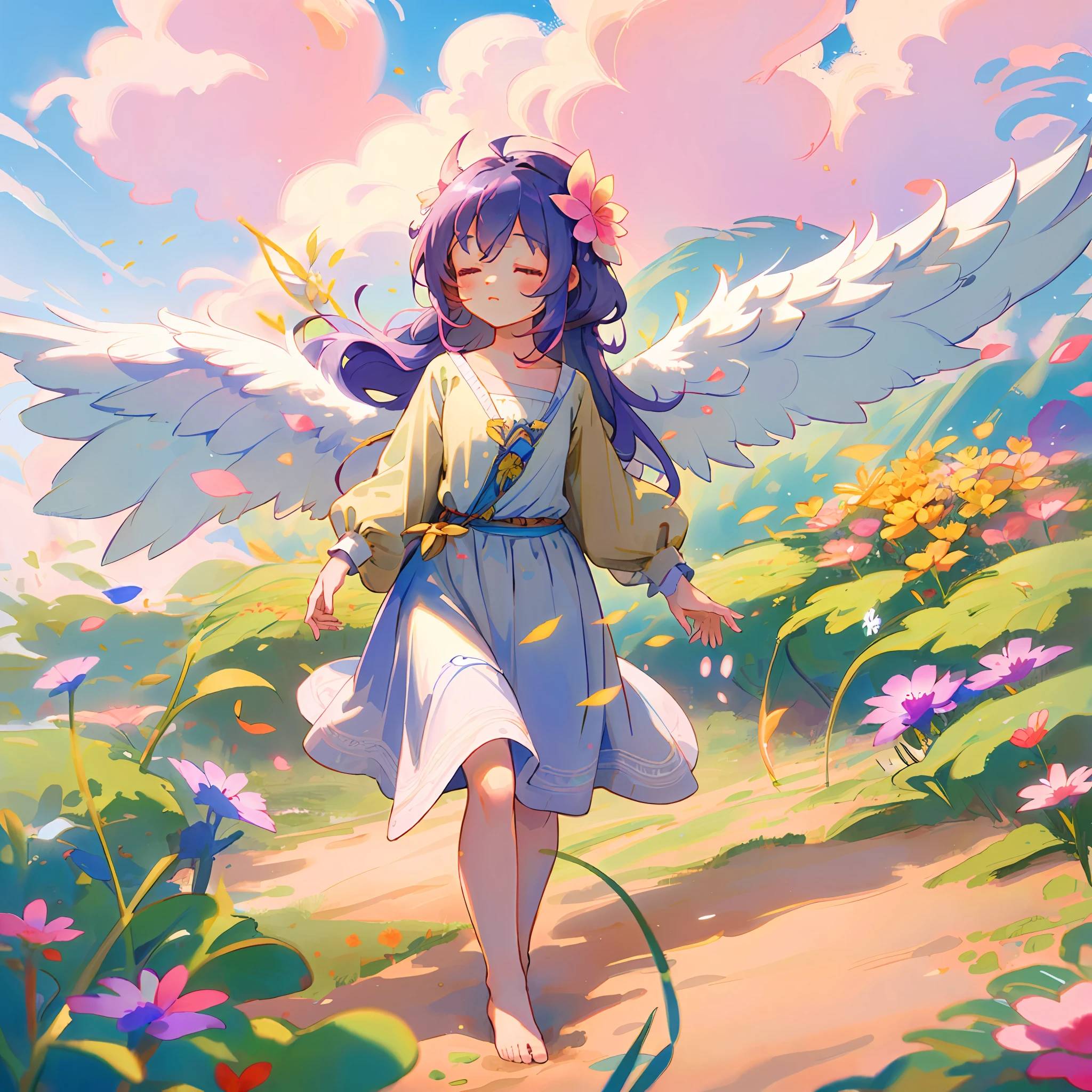 1girl, wings, solo, barefoot, flower, long hair, sky, dress, petals, outdoors, angel wings, holding, holding flower, cloud, closed eyes, feathered wings, purple hair, wind, field