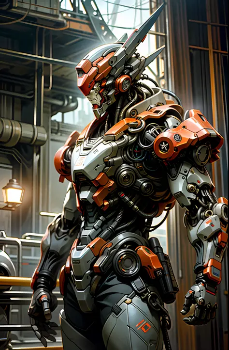 8K wallpapers, ultra-detailed works, cinematic lighting, realistic photos, Dark_Fantasy, Cyberpunk, (chain saw, chain saw man, Red: 1.1), 1man, Mechanical marvel, Robotic presence, Cybernetic guardian, wearing a worn-out mech suit , intricate, (steel metal...