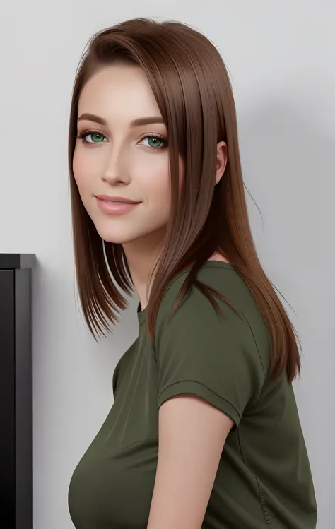 8k uhd, photorealistic, super detailed, very detailed face, detailed skin, looking on me, short brown bob, at home, (black T-shi...