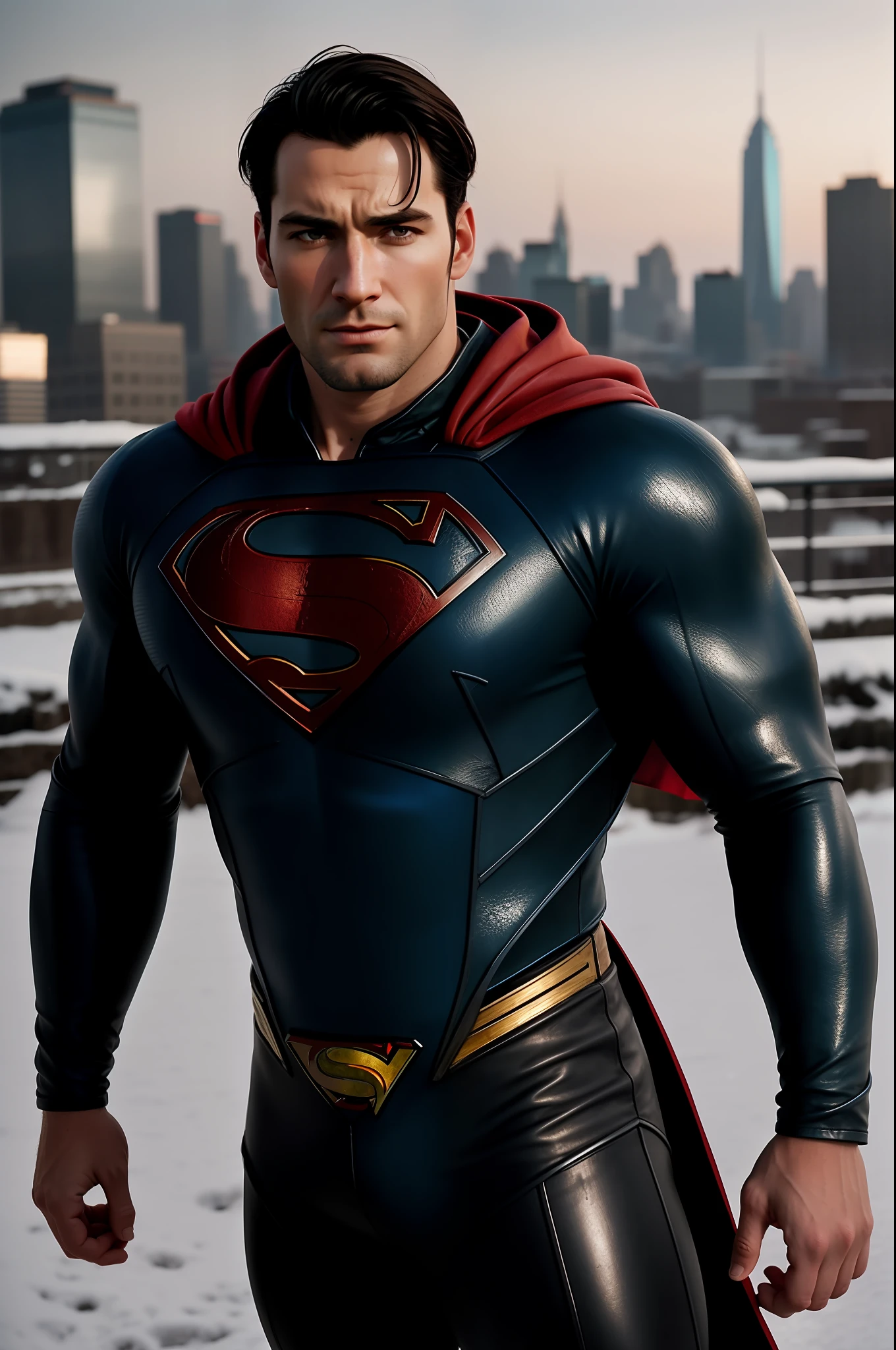 Realistic superman, full body, (old shabby:1.3) leather superman suit, beard, (muscular arms:1.2),fly, background of the cyberpunk city, snowfall, sony a7, 50 mm, matte skin, pores, colors, hyperdetailed, hyperrealistic), realistic, photography, photo, HD, 8K, HD Highly Detailed,naturalism,land Art,regionalism,shutterstock contest winner,trending on unsplash,featured on Flickr