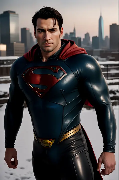 Realistic superman, full body, (old shabby:1.3) leather superman suit, beard, (muscular arms:1.2),fly, background of the cyberpu...