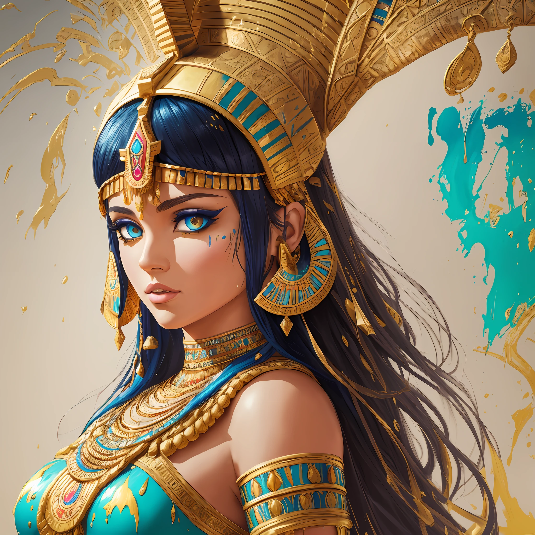 Splash art, cleopatra, with Egyptian clothes, portrait poster, (white background)), splash style of coloful paint, contour, hyperdetailed intricately detailed, unreal engine,fantastical, intricate detail, splash screen, complementary colors, fantasy concept art, 8k resolution, deviantart masterpiece, oil painting, heavy strokes, paint dripping,splash arts