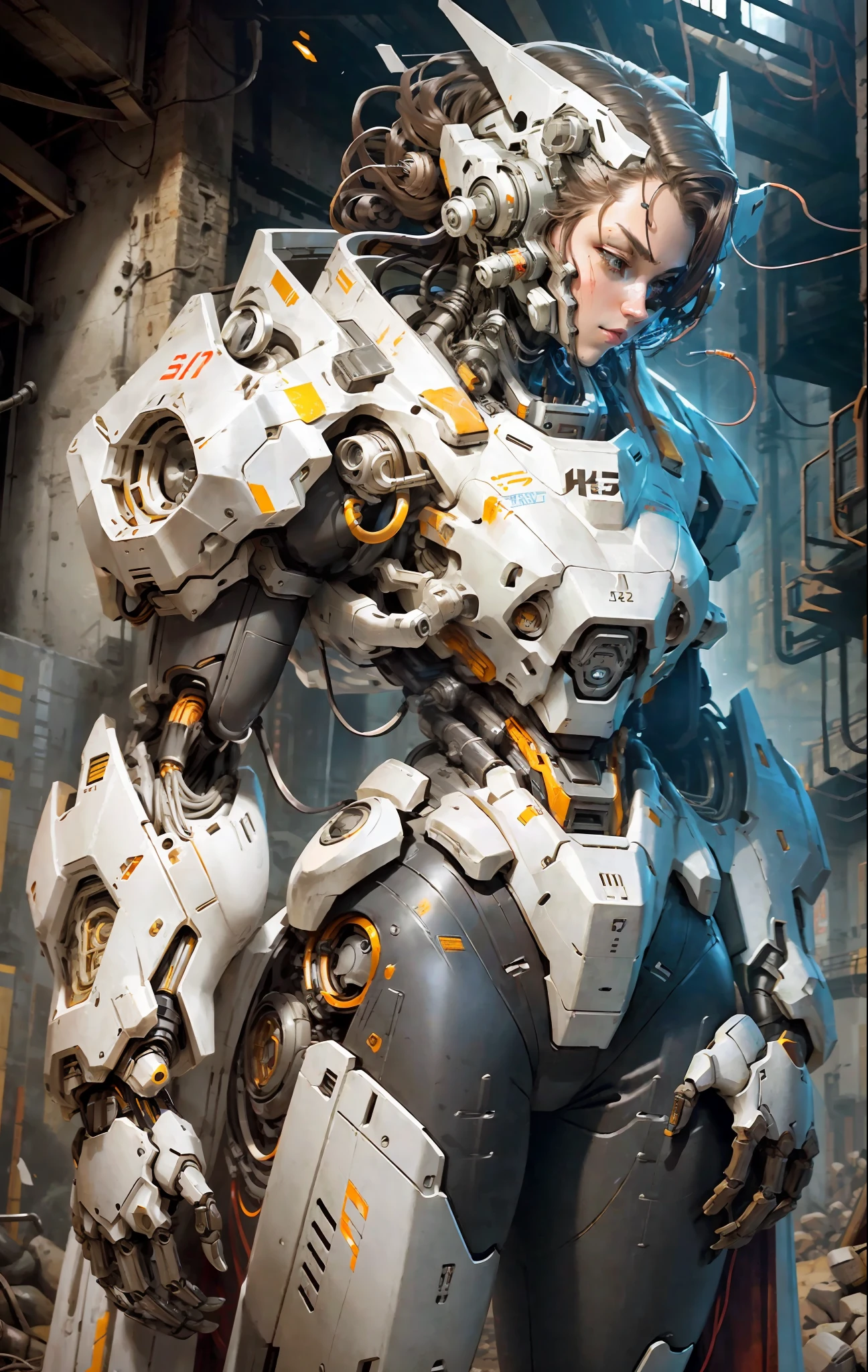 1 woman inside a huge bulky exoskeleton robot , ((bulky)) armor, mecha ...