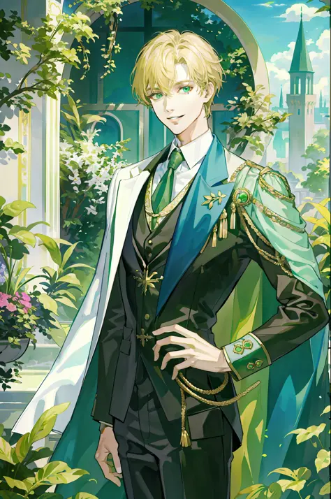 ((masterpiece:1.2, best quality)), 4k, adult, 1man, male, royal, nobleman, very tall, bangs, short straight blonde hair, green eyes, smile, face, portrait, suit, garden