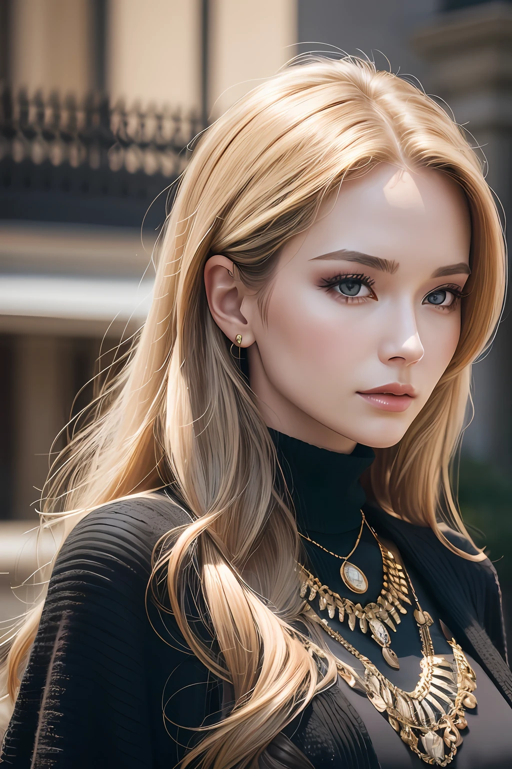 A close up of a woman with long blonde hair wearing a black top - SeaArt AI