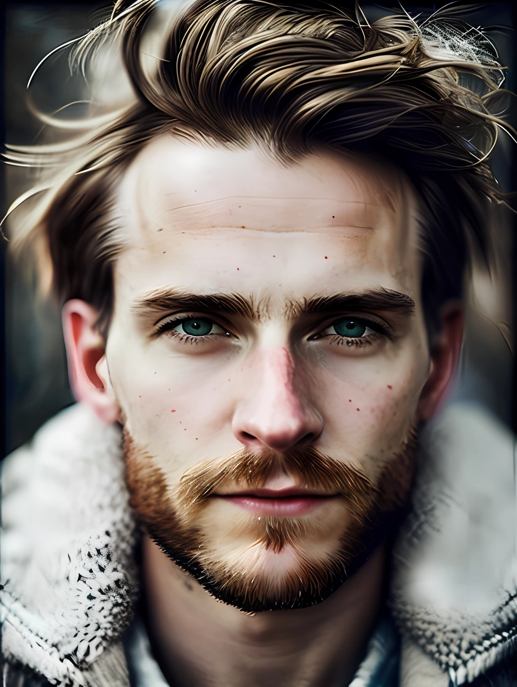 An insanely handsome nordic man, messy windy hair, macro lens, headshot photography, documentary photography, hyper realism, dreamy glow, hipster