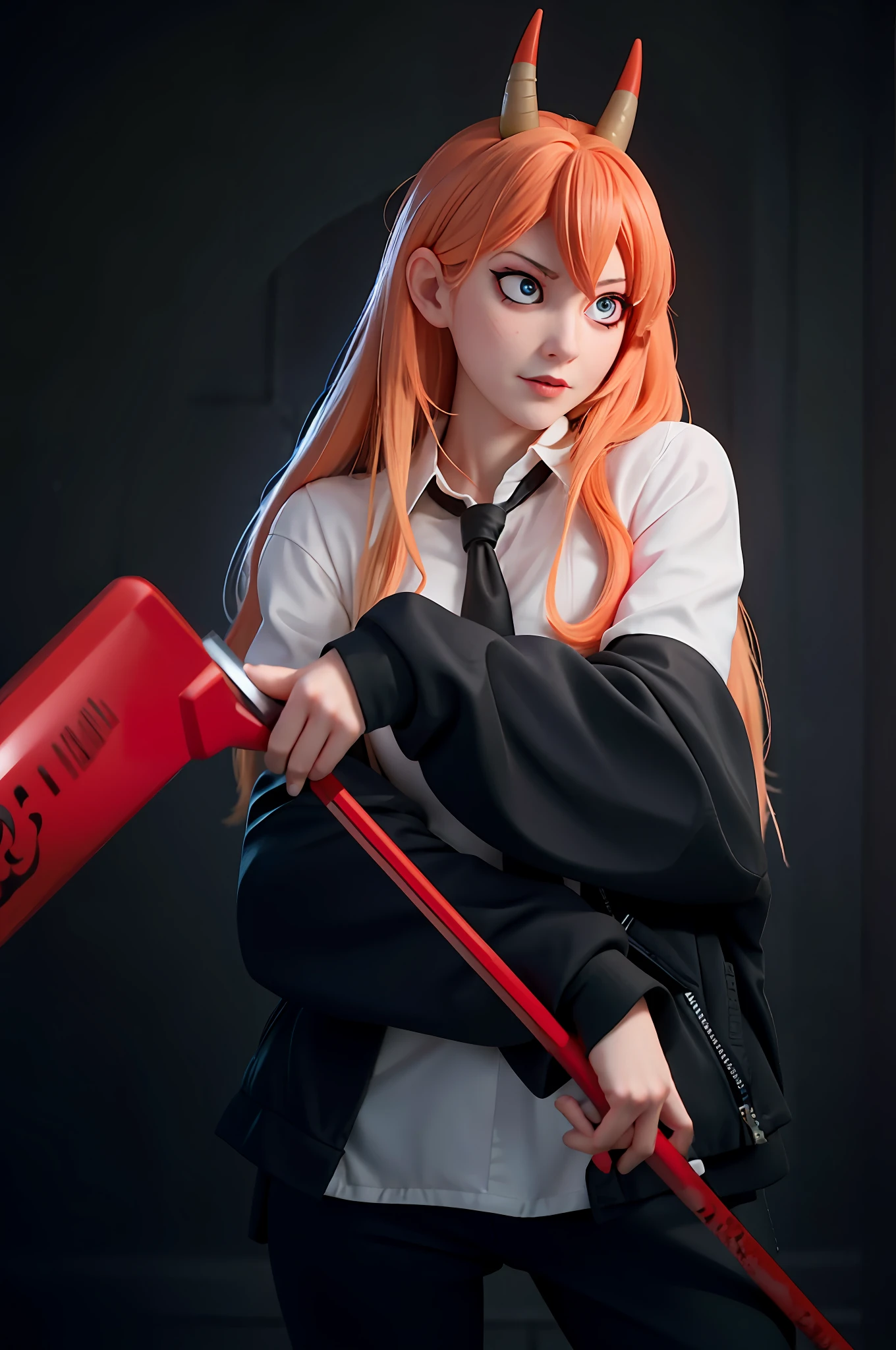 Anime - style photo of a woman with orange hair holding a red pole - SeaArt  AI