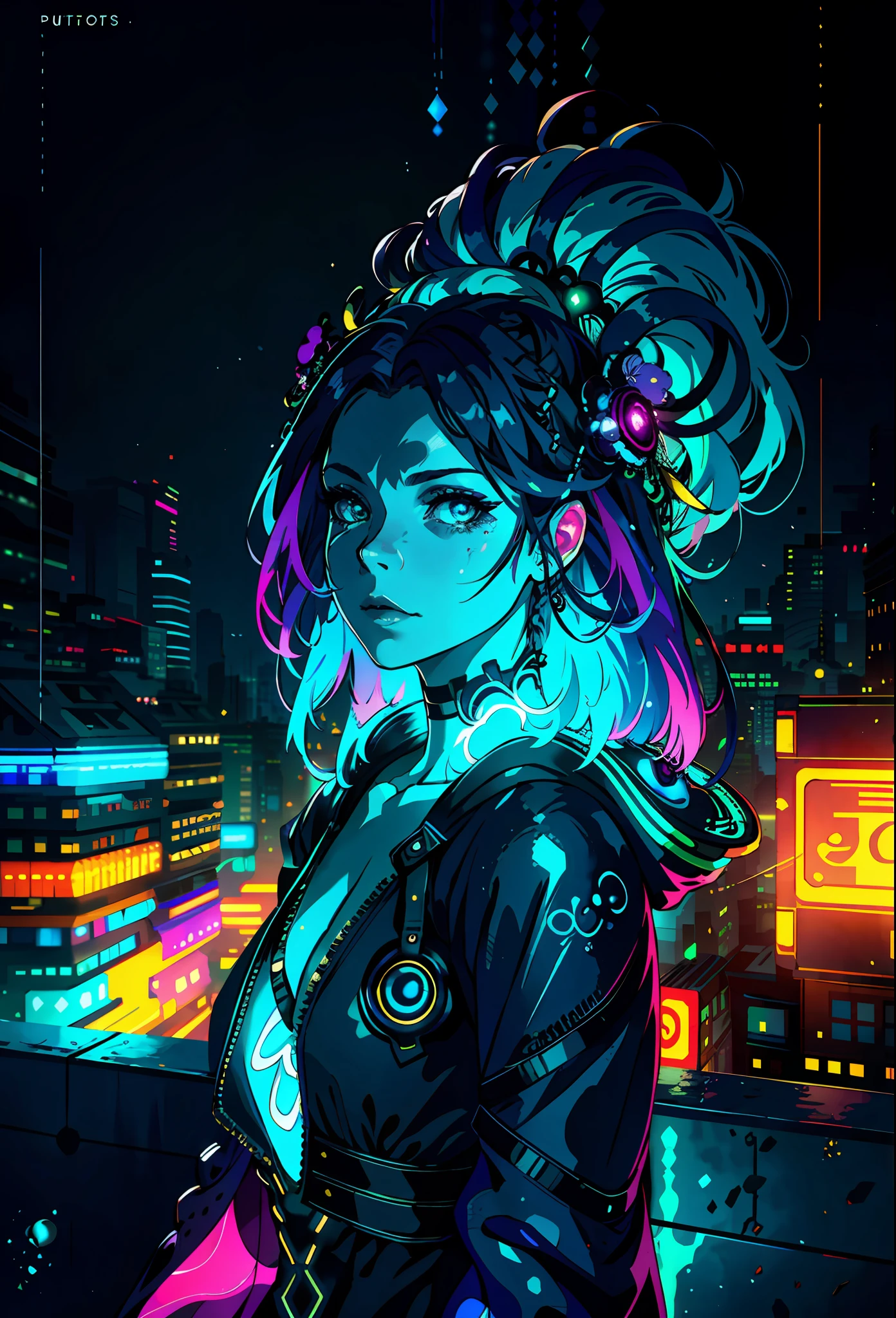 portrait | wide angle shot of eyes off to one side of frame, lucid dream-like woman, looking off in distance ::8 style | daydreampunk with glowing skin and eyes, styled in headdress, beautiful, she is dripping in neon lights, very colorful blue, green, purple, bioluminescent, glowing ::8 background | forest, vivid neon wonderland, particles, blue, green, purple ::7 parameters | rule of thirds, golden ratio, assymetric composition, hyper- maximalist, octane render, photorealism, cinematic realism, unreal engine, 8k