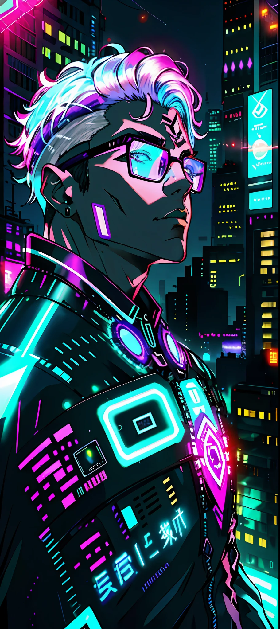 In the neon-lit expanse of CyberHaven, a sprawling metropolis that pulses with technological wonders and shadows that never sleep, resides a vampire boy named Asher. At the tender age of 18, he embodies the enigmatic fusion of ancient darkness and futuristic aesthetics. Explore the intricately detailed world of Asher: Hair: Asher's hair is a vibrant tapestry of black, white, and shades of purple, an artistic homage to the ever-evolving cyberpunk aesthetic. These electrifying colors intertwine, reflecting the neon lights that bathe the city's streets. His hair is styled in a dynamic fashion, a blend of sleek and spiked elements, echoing the fusion of tradition and futurism. Glasses: Adorning his face, Asher's glasses embody cutting-edge technology with a touch of retro charm. The frames are sleek and silver, intricately designed with embedded microcircuitry that enhances his vision in the augmented reality of CyberHaven. The lenses possess a subtle holographic shimmer, providing him with an overlay of data and information within his field of view. Eyes: Beneath the tinted lenses of his glasses, Asher's eyes glimmer with an ethereal glow, a vibrant shade of amethyst that seems to radiate with electric energy. They hold an intensity that reflects his profound connection to the nocturnal world and his unyielding thirst for both knowledge and the life essence that sustains him. Cybernetic Enhancements: Within the cyberpunk realm, Asher has embraced technological augmentations that coexist with his vampiric nature. Tracing along his arms and neck, faintly glowing circuitry tattoos blend seamlessly with his skin, enhancing his reflexes and senses. These enhancements are a testament to his ability to adapt and thrive in the ever, highly detailed face, highly detailed eyes,potrait