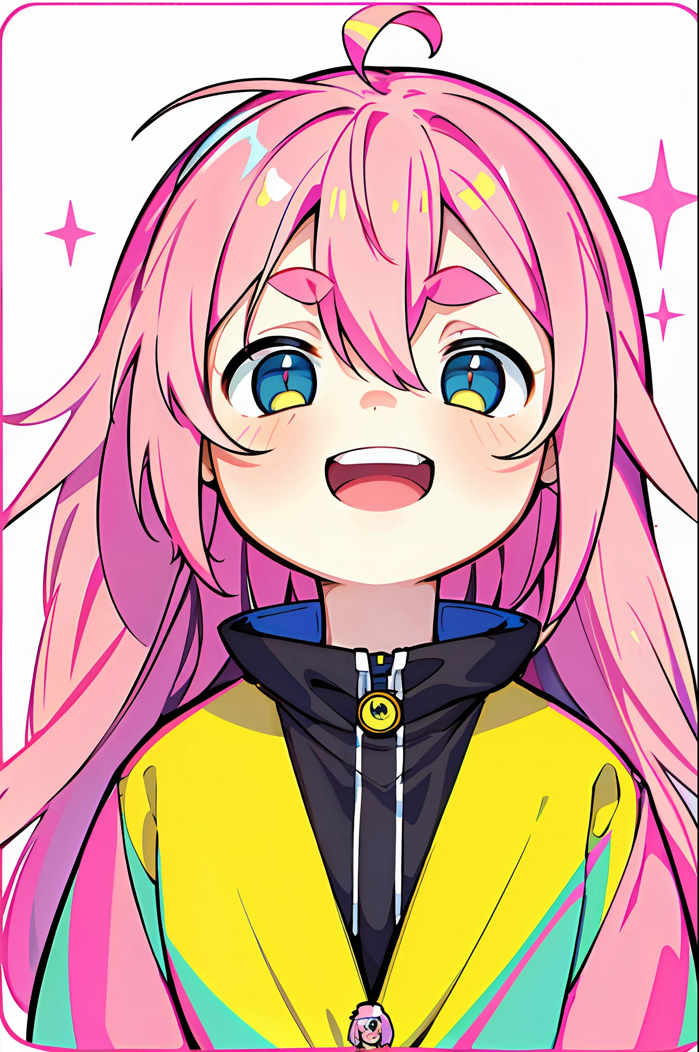 best quality, masterpiece, portrait of a cute girl, ((solo)), 1girl, (long pink hair), pink hair, thick eyebrows, cyan eyes, :d, fat, yellow jacket, (chibi: 0.6), cute, white background, ((happy)), chibi