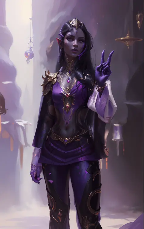 (((Masterpiece))), (((Best Quality: 1.4))), ((Super Detail: 1.4)) , hyper detailed gouache painting of a couple of a female Tiefling, gorgeous exotic features, long black hair, hyper detailed face features, detailed textures, light purple skin tone, tattoo...