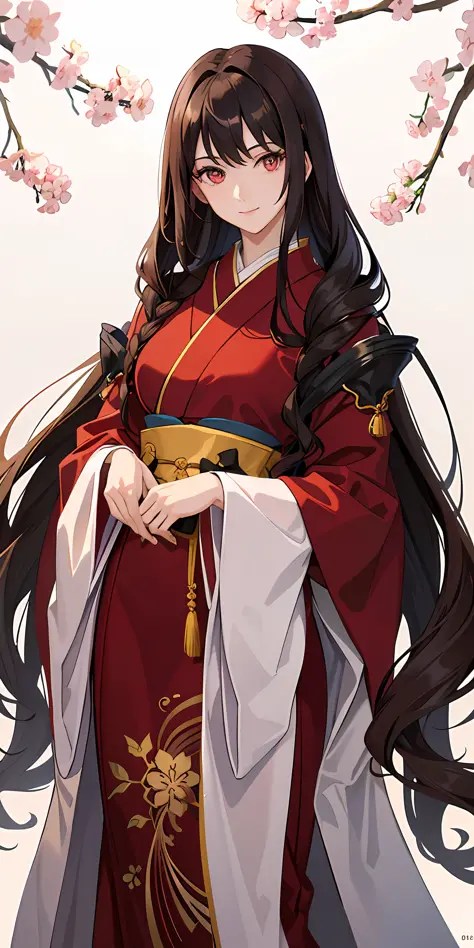 ((masterpiece, best quality)), manga, (1woman, mature), long hair, dark brown hair, beautiful hair, red eyes, beautiful eyes, slight smile, hair is tied into two tails, straight hair, Japanese style dress for its beauty and elegance, sakura tree background...