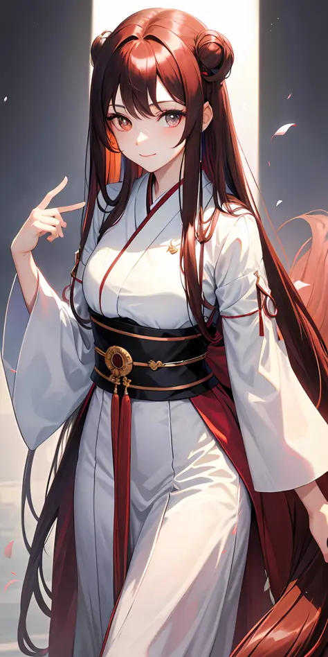 ((masterpiece, best quality)), manga, (1woman, mature), long hair, dark red hair, beautiful hair, heterochromia eyes, beautiful eyes, slight smile, hair is tied into two tails, straight hair, Japanese style dress for its beauty and elegance, white backgrou...