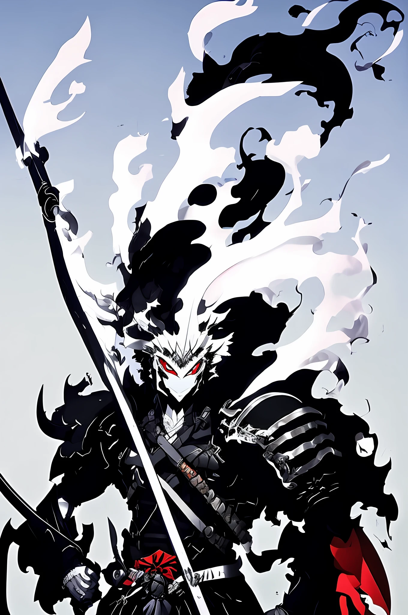 Black hair anime character and black costume holding a war sickle, war sickle fully shown in the picture, handsome man in demon slayer art, 8K badass anime, beautiful male god of death, handsome japanese demon boy, by Yang Ji, white horned male demon suit, keqing from Genshin effect, detailed anime character art, best 4K Konachan anime background, male demon, anime character art