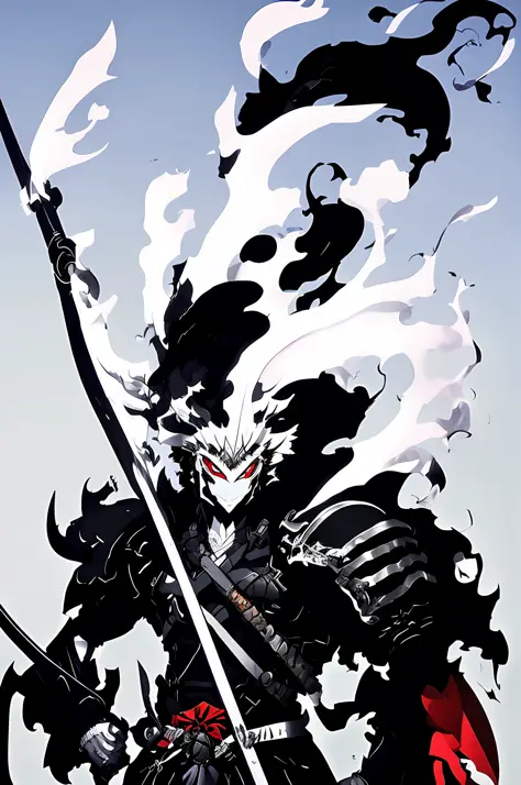 Black hair anime character and black costume holding a war sickle, war sickle fully shown in the picture, handsome man in demon slayer art, 8K badass anime, beautiful male god of death, handsome japanese demon boy, by Yang Ji, white horned male demon suit,...