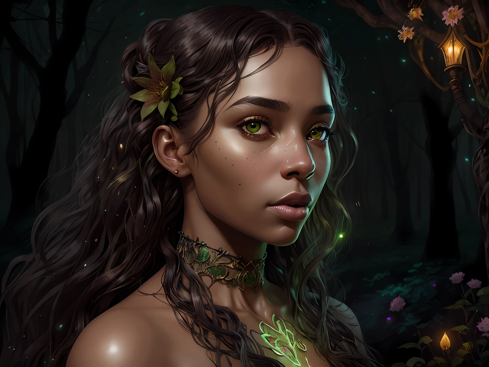 beautiful young woman, (magic forest background), dark skin, delicate and pretty detailed face, redish golden long and curly brown hair, detailed and realistic bright green eyes, fairy and flowers, wild flowers blending into hair, medieval ranger outfit, full body, cover, choker, hyperdetailed painting, luminism, Bar lighting, complex, 4k resolution concept art portrait by Greg Rutkowski, Artgerm, WLOP, little fusion pojatti realistic goth, fractal isometrics details bioluminescens : a stunning realistic photograph 18 years