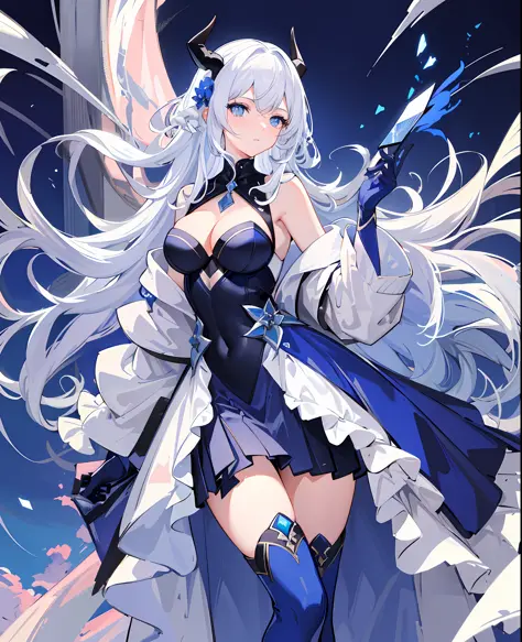 (a masterpiece), better quality, ultra-detailed details, tall and sexy woman, curled white hair, blue eyes, blue curved horns, wearing a gorgeous blue night blue dress, long blue gloves, blue demon tail, holding a pink flower, with an enveloping and exciti...