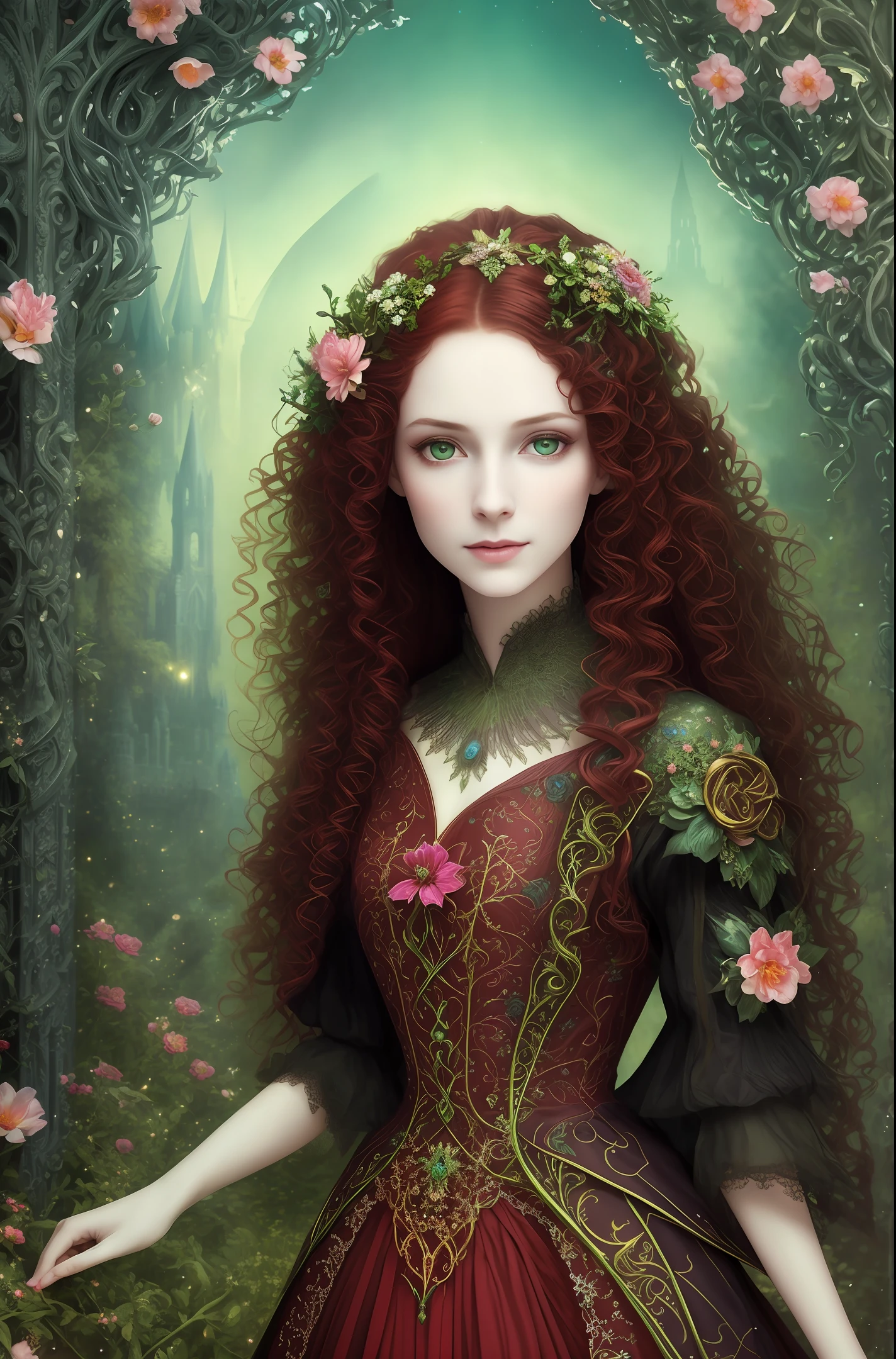 beautiful baby girl, (castle background), pale skin, delicate and pretty detailed face, long and curly dark red hair, detailed and realistic bright green eyes, fairy and flowers, wild flowers blending into hair, medieval princess red elegant dress, full body, hyperdetailed painting, luminism, Bar lighting, complex, 4k resolution concept art portrait by Greg Rutkowski, fractal isometrics details bioluminescens : a stunning realistic photograph