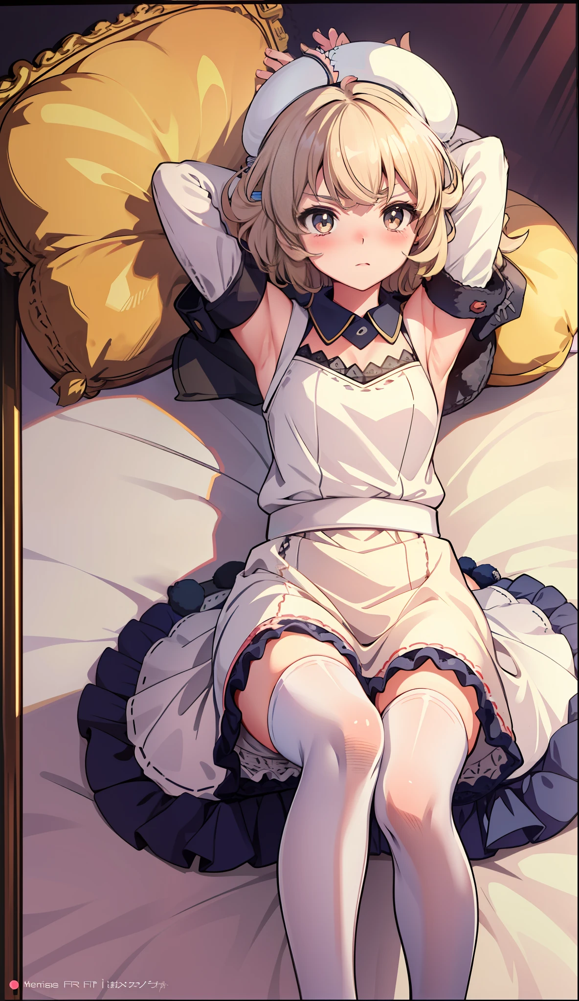 (iwanagadress:1.2), (iwanagakotoko:0.9),(beret:1.8), embarrassed, 
iwanaga kotoko, 1girl, 
a girl laying down on a bed, 1girl, ultra detailed, high quality, indoors, bedroom, bed, cute, blushing, beautyful face, beautyful body, white dress, blonde hair, short hair, white stocking, beautyul legs, beautyful arms, detailed body, iwanaga kotoko, anime, blushing