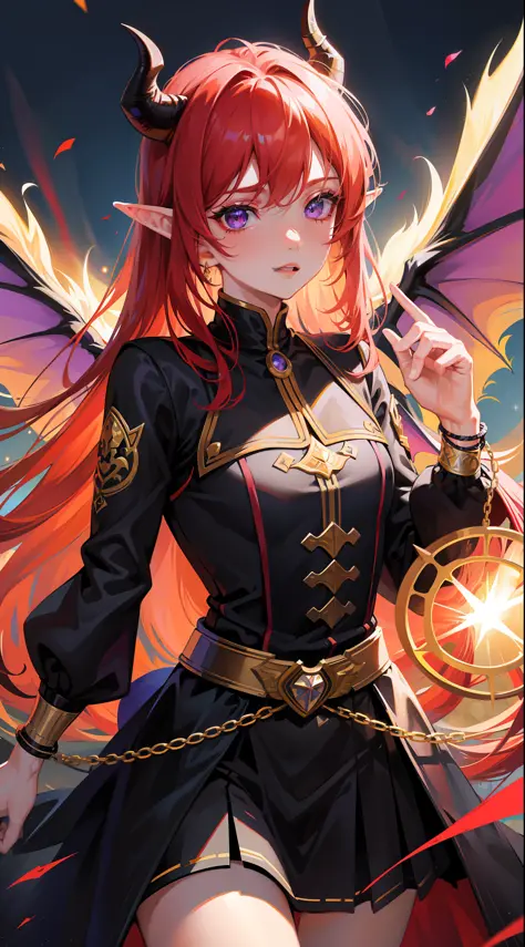 (absurdres, highres, ultra detailed), 1 male, adult, handsome, tall muscular guy, broad shoulders, finely detailed eyes and detailed face, red long hair, fantasy, complex pattern, detailed face, demon wings, lens flare, colorful, black clothes, bracelets a...