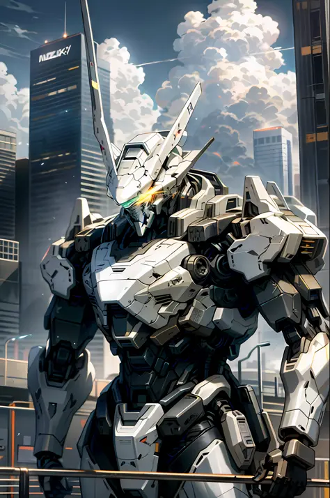 sky, cloud, holding_weapon, no_humans, glowing, , robot, building, glowing_eyes, mecha, science_fiction, city, realistic,black mecha