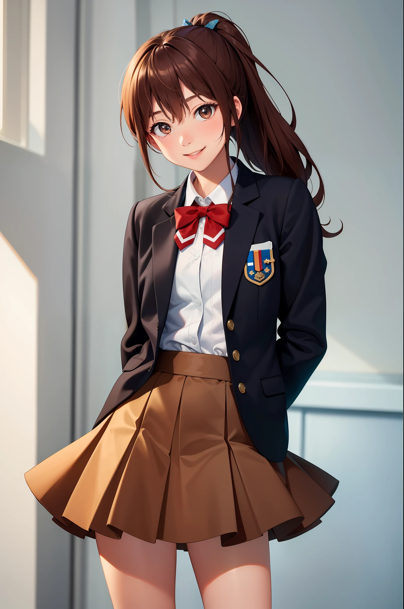 (masterpiece, best quality:1.2), cowboy shot, solo, 1girl, oc, smile, looking at viewer, arms behind back, brown hair, curly hair, ponytail, school uniform, jacket, skirt, kneehighs