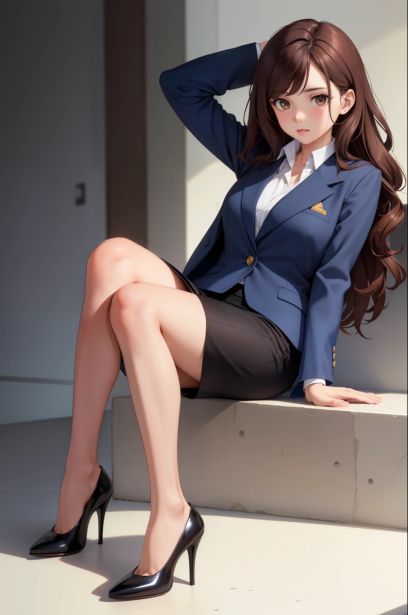 Woman, brown hair, wavy hair, hazel eyes, extremely detailed, dark blue blazer, white blouse, dark blue knee length pencil skirt, exposed legs, black high heels, full body shot