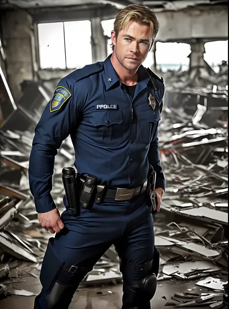 a professional photo of chris hemsworth ((in police uniform),( in a wreckage building),(blood,cuts),jacked, masterpiece, best qu...