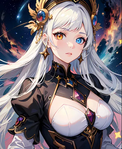 (masterpiece), (best artist), (heterochrome:red and yellow), (coloured eyes), (1girl), (extremely detailed CG unit 8k wallpaper), (detailed eyes), a girl with (white) hair, fair skin, wearing a star guardian uniform, against a backdrop of beautiful well-dr...