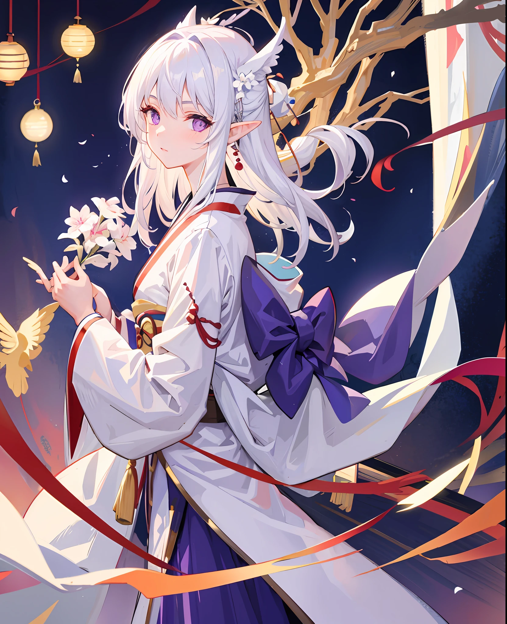 White hair
Elf ear
Long
Short kimono
Purple eyes