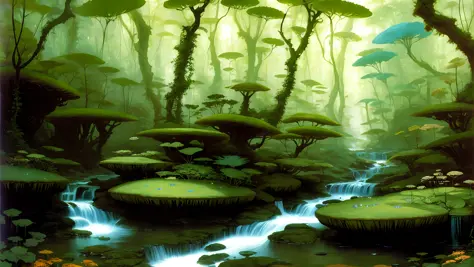 masterpiece, best quality, [detailed], [intricate], digital painting, an alien planet fern forest river landscape, fantasy, sci-fi, [highres], [absurdists], [sharp focus], bokeh, realistic shadows, lithograph by John William Waterhouse and animation by Kyo...
