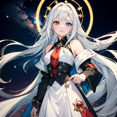(masterpiece:1.5), (best artist:1.4), (heterochrome:red and yellow),0.9], (colorful eyes), (1girl), (extremely detailed CG unit 8k wallpaper), (detailed eyes), a (white) haired, fair-skinned girl wearing a star guardian uniform, against a backdrop of beaut...