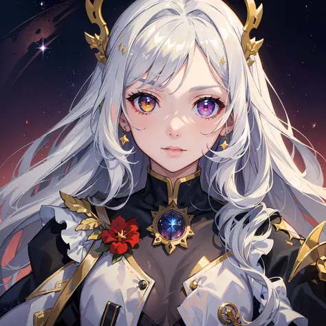 (masterpiece:1.5), (best artist:1.4), (heterochrome:red and yellow),0.9], (colorful eyes), (1girl), (extremely detailed CG unit 8k wallpaper), (detailed eyes), a (white) haired, fair-skinned girl wearing a star guardian uniform, against a backdrop of beaut...