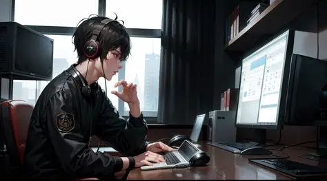 A man, sitting in front of a computer, with firm eyes and headphones,