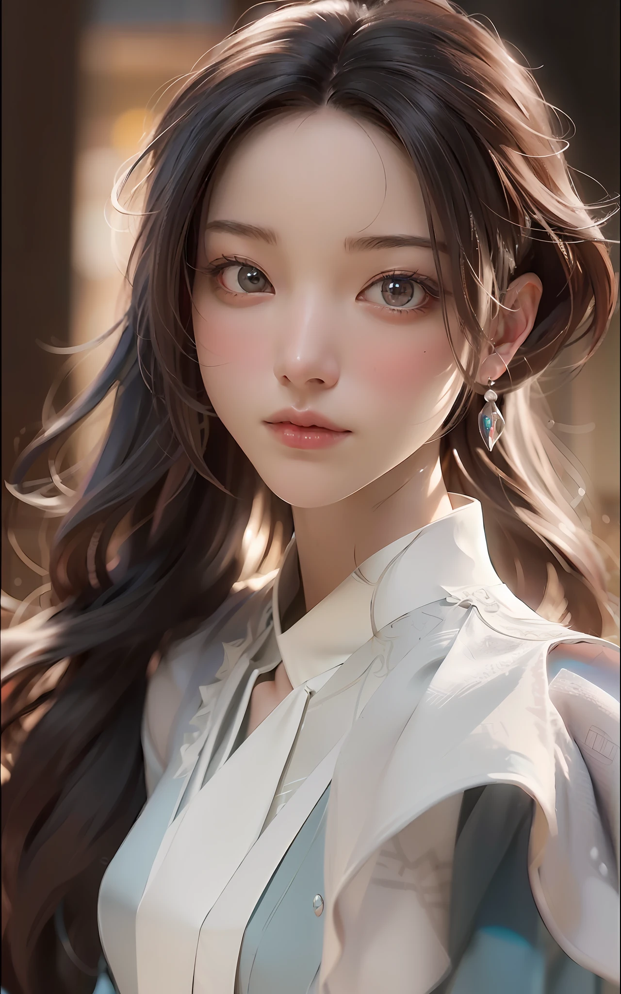 (Best Quality)), (Masterpiece)), (Details: 1.4), 3D, Images of neat and clean modern women, Sparkling brown hair, Beautiful brown eyes, Beautiful face, Dark blue pleated long skirt, white blouse, small, Dynamic pose, Dynamic Angle, HDR, Ray Tracing, NVIDIA RTX, Super Resolution, Unreal 5, Subsurface Scattering, PBR texturing, post-processing, anisotropic filtering, depth of field, maximum clarity and sharpness, multi-layer textures, albedo and specular maps, surface shading, accurate simulation of light-matter interactions, perfect proportions, octane rendering, two-tone lighting, wide aperture, low ISO, White Balance, Rule of Thirds, 8K RAW,